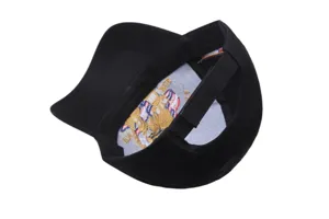 Classic black baseball cap interior detail view with commemorative embroidery design lining.