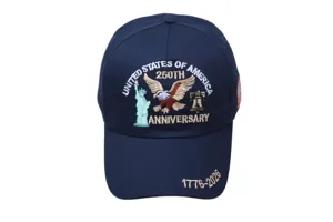 Navy blue baseball cap embroidered with US 250th anniversary design, adjustable sun hat.