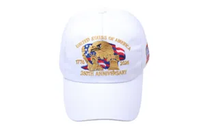 Detailed view of white cotton baseball cap featuring 250th anniversary US eagle embroidery.