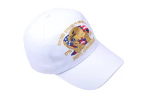 Close-up of a white baseball cap featuring detailed embroidered eagle and 250th anniversary text.