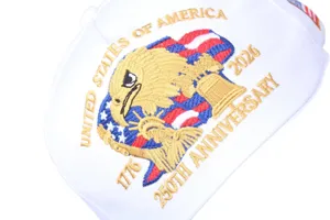 Detail view of the 250th anniversary embroidered baseball cap with 1776-2026 eagle design.