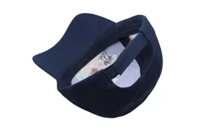 Dark blue baseball cap detail view, adjustable strap, embroidered interior lining design.