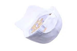 Detail view of white commemorative baseball cap with inner embroidery and adjustable strap style.