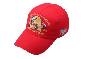 Red cotton baseball cap with United States 250th anniversary embroidery and flag patch.