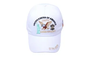 Details of the white patriotic baseball cap featuring intricate embroidery and 250th anniversary.