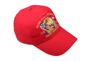Red baseball cap featuring detailed 250th anniversary embroidery, eagle and US flag design.