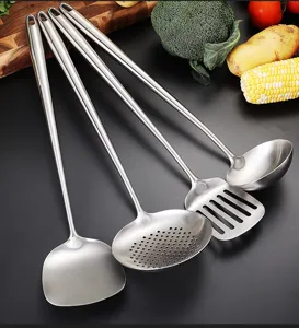 Stainless steel kitchen utensil set, long handle cooking spatula, slotted spoon and soup ladle.