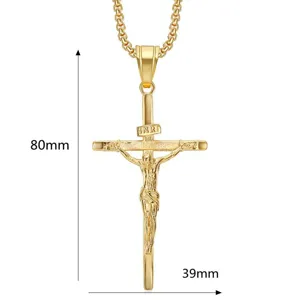 Detailed view of the gold vacuum plated stainless steel cross pendant necklace, fine craftsmanship.