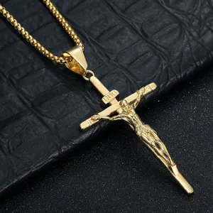 Stainless steel gold crucifix cross pendant necklace with box chain, detailed religious jewelry.