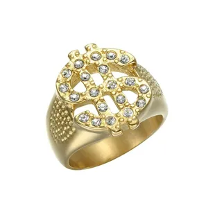 Mens Gold Dollar Sign Hip Hop Ring Stainless Steel Clear Rhinestone Fashion Jewelry
