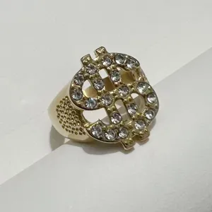 Hip Hop Stainless Steel Dollar Symbol Ring For Men Gold Silver Plated Iced Out Rhinestone US Dollar Sign Finger Ring Jewelry
