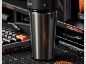 Closeup of stainless steel cyber insulated tumbler, metallic texture, futuristic desk setup.