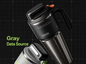 Cyberpunk style stainless steel tumbler detail showing mecha texture and cool mechanical lid design.