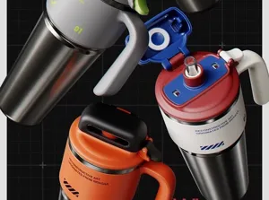 Cyberpunk mech style stainless steel tumbler with straw, large capacity and portable handle.