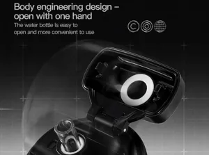 Close-up detail of tumbler lid, push-button opening mechanism, silicone seal ring, black.