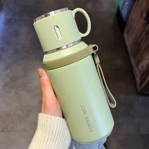 Gran capacidad botella termica de acero inoxidable con correa, taza verde portatil.