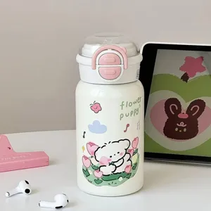 Thermos in Acciaio Inossidabile 316 Stile Ins Simpatico Motivo Cucciolo di Cartone Animato Bottiglia d'Acqua Portatile con Coperchio a Cannuccia
