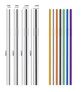 Edelstahl-Strohhalm-Set Detailansicht mit verschiedenen Durchmessern 6 8 10 12 mm und bunten Farben.
