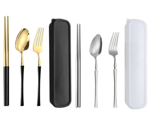 Tragbares Besteckset aus Edelstahl mit Stäbchen Löffel Gabel und praktischer Box.