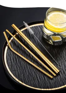 Gouden roestvrijstalen rietjesset met reinigingsborstel, stijlvol keukenaccessoire voor drankjes.