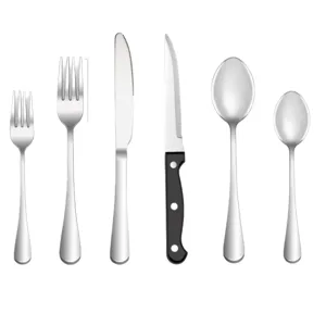 Juego de cubiertos de acero inoxidable con tenedores, cuchillos y cucharas para la mesa.
