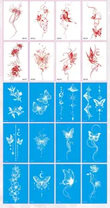 Retro butterfly temporary tattoo sticker set, minimalist white and red body art design.