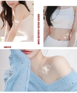 White butterfly temporary tattoo sticker for women, delicate body art detail design for arm and waist.
