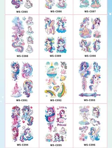 Kinder Cartoon magische Einhorn Glitzer Tattoo Aufkleber Detailansicht mit niedlichen Stilen.