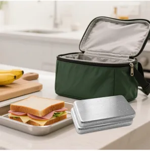 Stainless steel ice pack for lunch box, reusable freezer tray, durable cooling board for cooler bag.