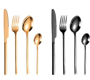 Stainless steel flatware set, rose gold and black knife fork spoon luxury cutlery for hotel.