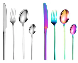 Stainless steel flatware set detail showing silver and rainbow knife fork spoon options.