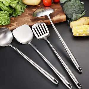 Stainless steel kitchen utensil set cooking spatula resistant soup ladle for kitchen use.
