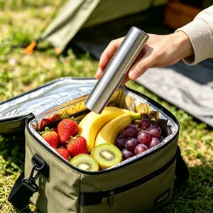 Stainless steel ice stick and cooler bag for outdoor camping food freshness preservation.