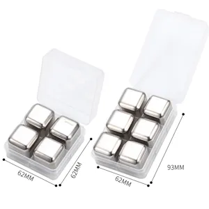 Stainless steel ice cubes reusable whiskey stones set with transparent storage box.