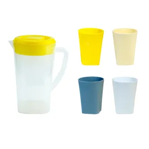 Large capacity plastic cold water jug set with four matching cups, heat-resistant home teapot.