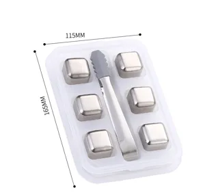 Stainless steel ice cubes set with storage box and tongs, detail view showing product dimensions 115x165mm.