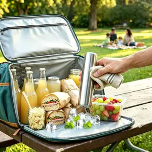 Insulated picnic cooler bag with stainless steel thermos and food containers for outdoor camping.