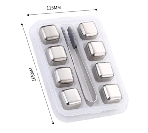 Stainless steel ice cubes set with storage tray and tongs for whiskey and drinks cooling.