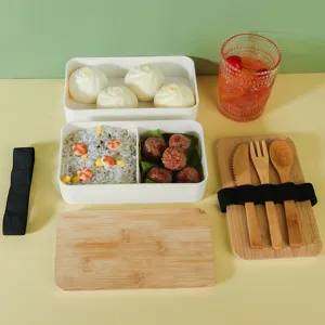 Portable double-layer bento lunch box with wood lid and wooden cutlery set for office school.
