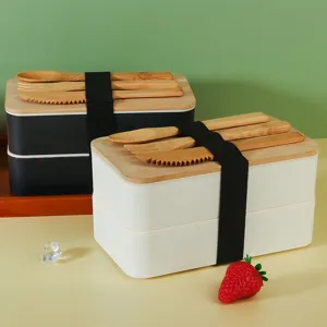 Double layer bento box with bamboo lid, portable lunch box with cutlery for office school.