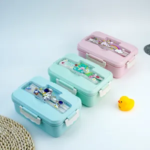 Portable Plastic Lunch Box With Tableware Leakproof Student Bento Box Cute Cartoon Microwave Food Storage Container