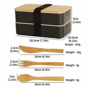 Double layer bamboo lid bento lunch box with wooden cutlery knife fork spoon portable picnic set