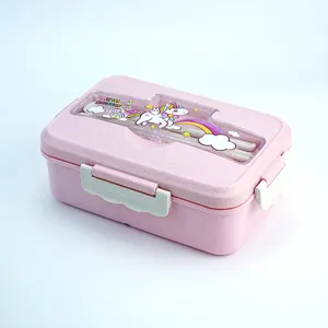 Cute pink wheat straw bento lunch box with unicorn design, leakproof microwave safe for kids.