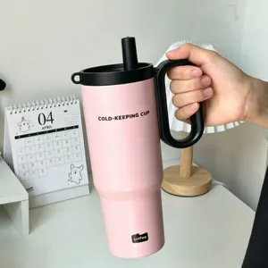 Stainless Steel Large Capacity Tumbler With Handle And Straw Portable Insulated Travel Water Cup Car Mug