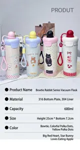 Bonita botella térmica de acero inoxidable 316 de dibujos animados, taza portátil 600ml