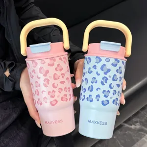 Ins Style Stainless Steel Vacuum Insulated Tumbler With Handle Portable Leopard Print Car Coffee Mug Leakproof Travel Cup For Women Men