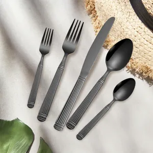 Detail view of black stainless steel cutlery set featuring elegant Roman column handles for home dining.