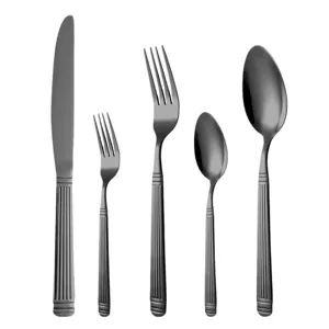 Modern black stainless steel flatware set cutlery with unique roman column handle design.
