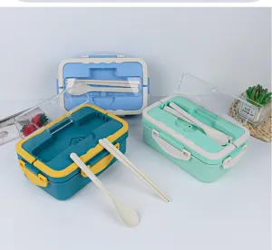 Wheat straw bento lunch box with compartments and portable cutlery set for daily use.