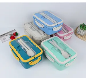 Multi-color wheat straw bento box detail shot with tableware, ideal for school lunch storage.
